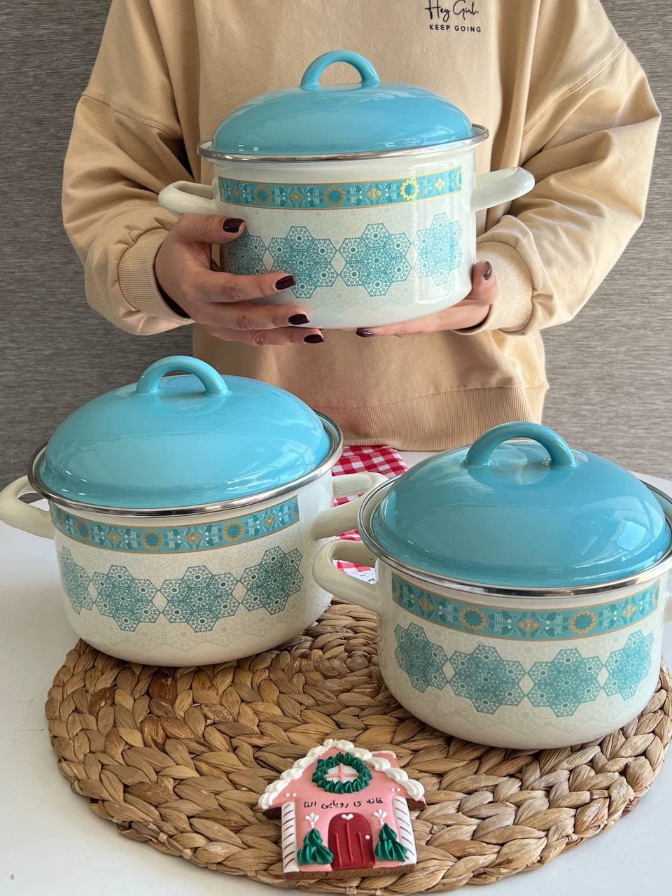 سرویس قابلمه لعابی سه تایی ترک برند لایت- طرح فیروزه ای — تصویر ۲