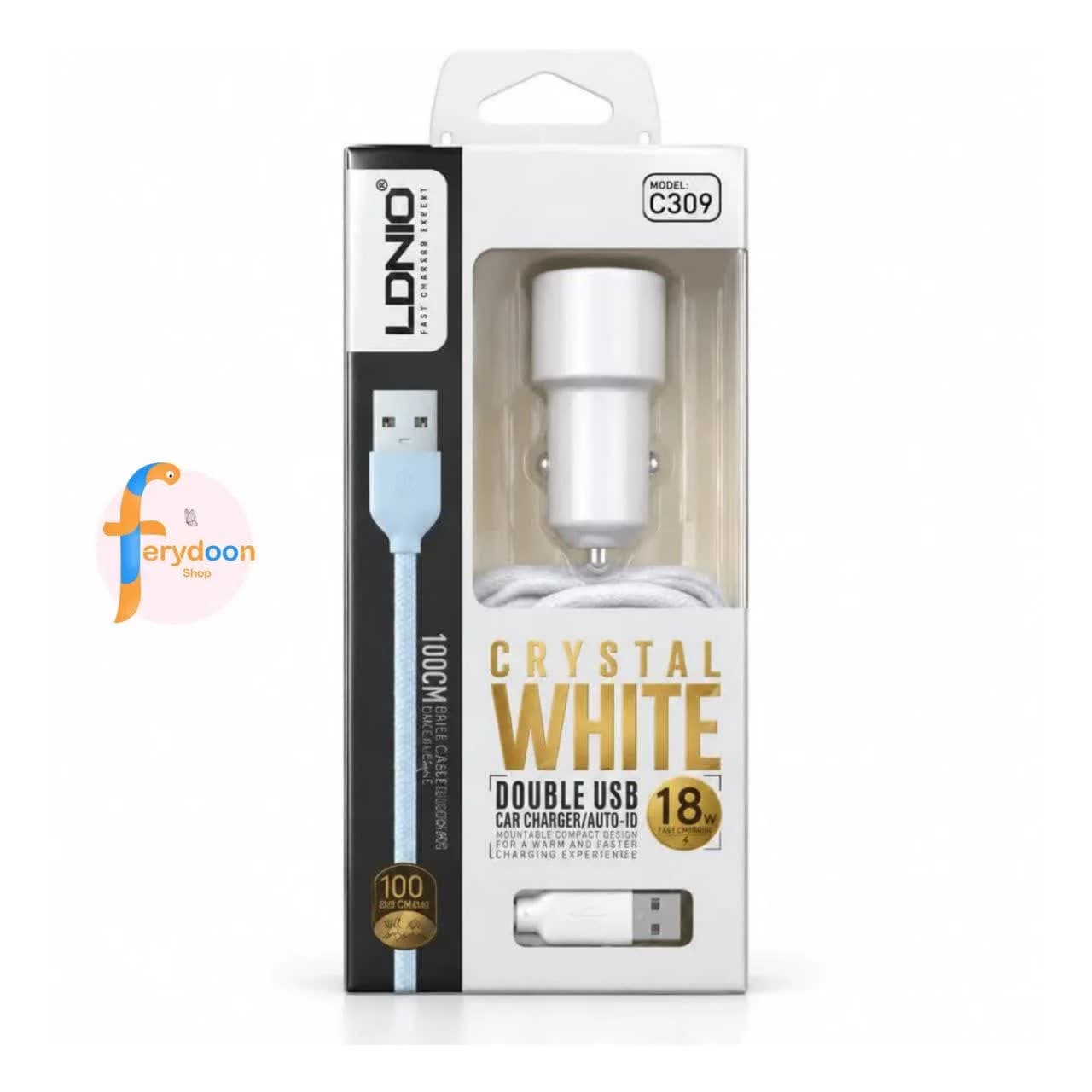 شارژر فندکی الدینیو LDNIO C309 توان 18 وات سری Crystal White به همراه کابل — تصویر ۳