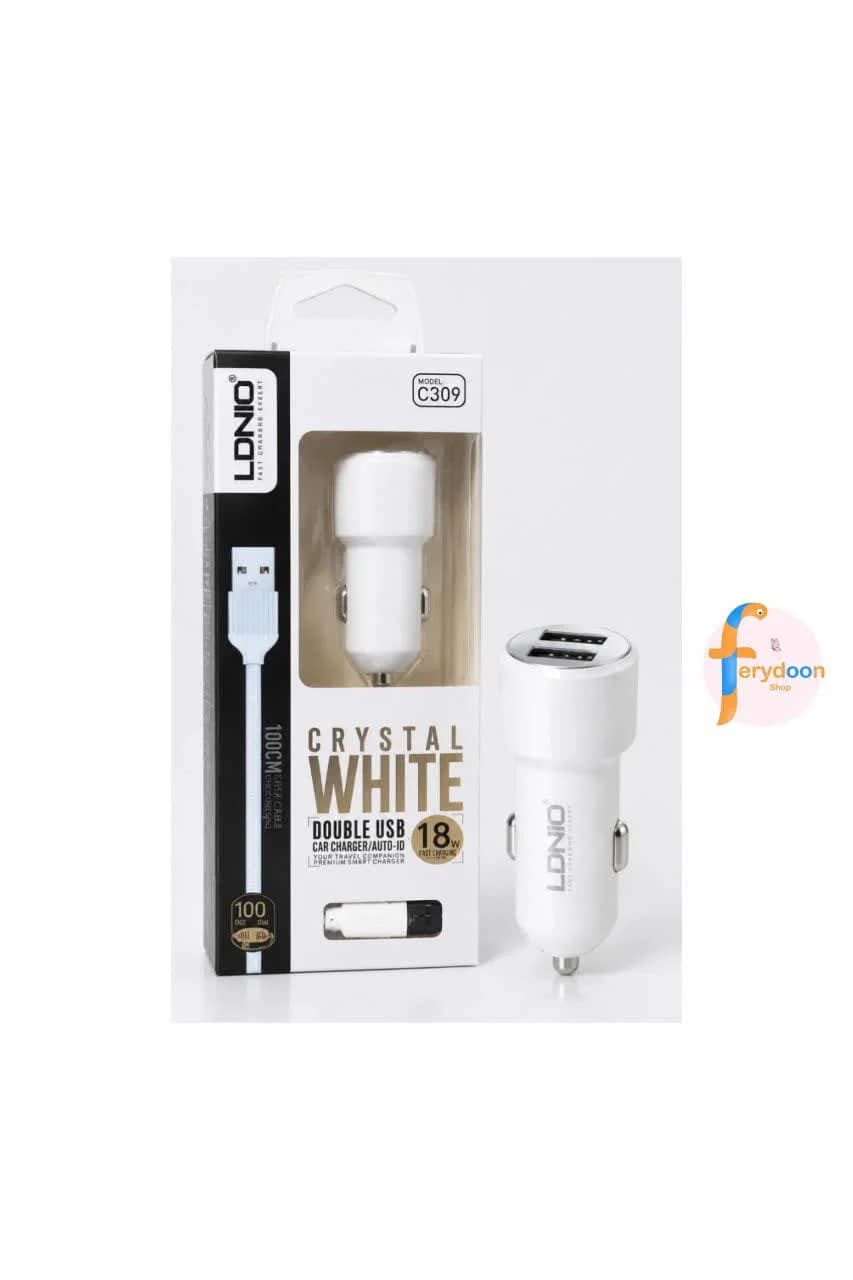 شارژر فندکی الدینیو LDNIO C309 توان 18 وات سری Crystal White به همراه کابل — تصویر ۲