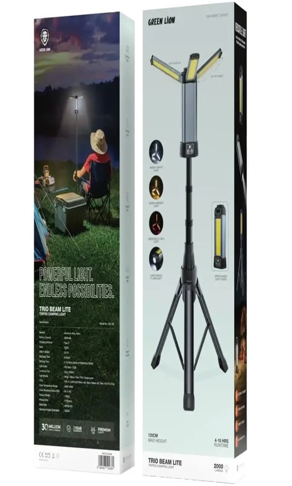 چراغ کمپینگ پایه دار شارژی گرین لاین مدل Green Lion Trio Beam Lite Tripod Camping Light — تصویر ۲