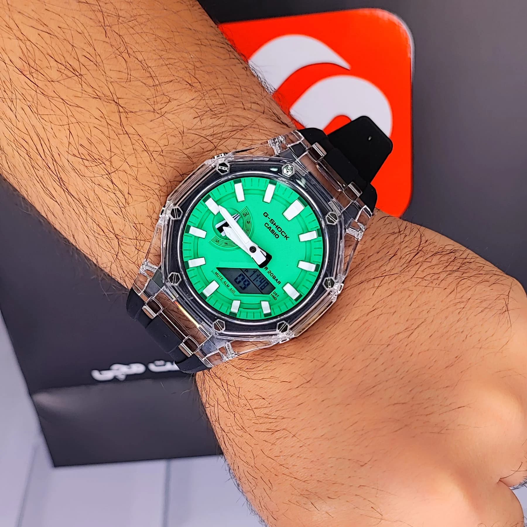 ساعت مچی عقربهای مردانه دو زمانه جی شاک سبز مشکی مدل GA-2100 — تصویر ۸