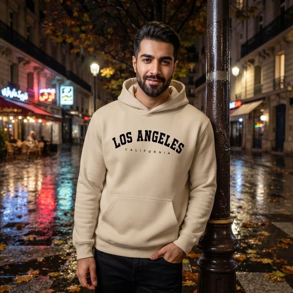 هودی کلاهدار و جیب دار مردانه زنانه مدل Los Angeles-کرم — تصویر ۱۰