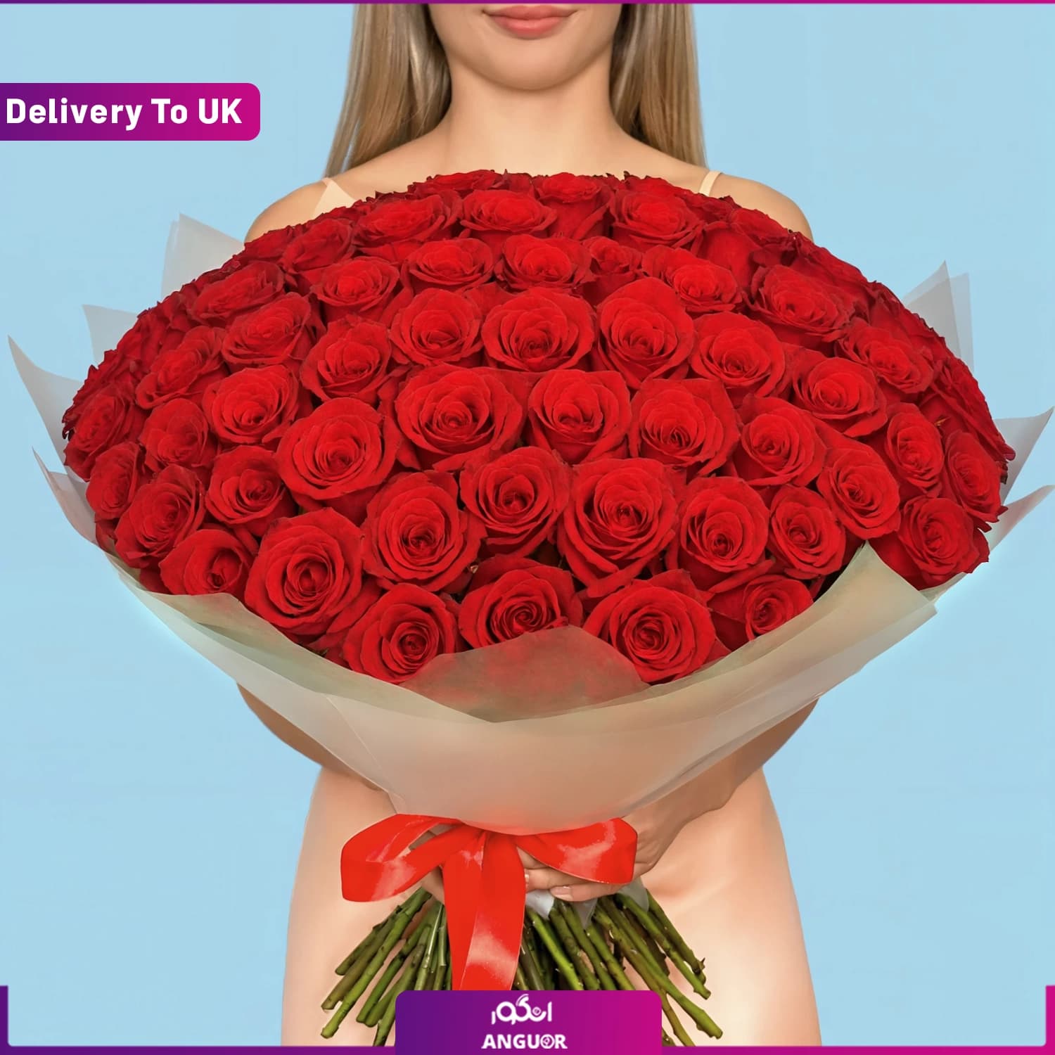 دسته گل 100 شاخه رز قرمز لوکس (تحویل در انگلستان)