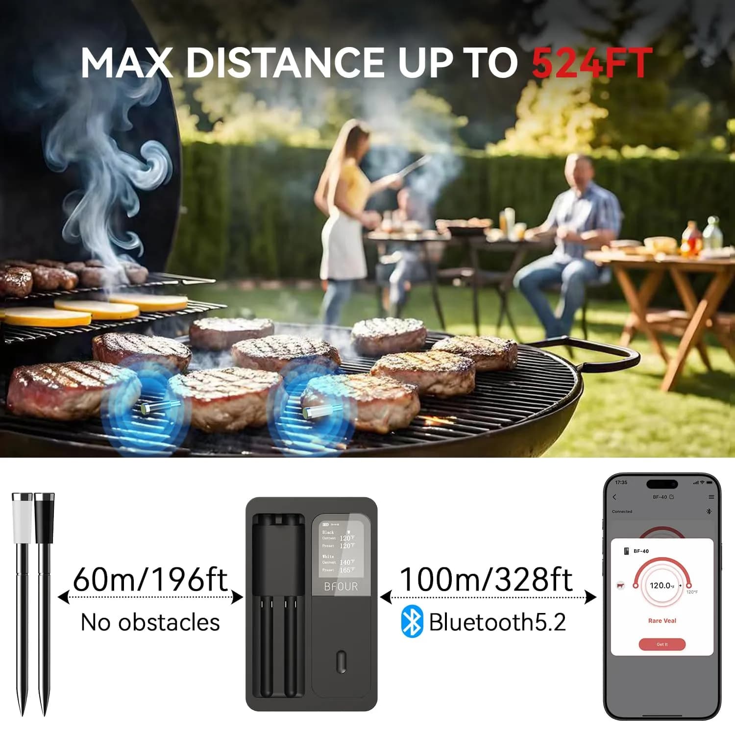 دماسنج گوشت بیسیم BFOUR مدل BF-40 PRO با دو پراب ضدآب و اتصال بلوتوث برند BFOUR مدل BF-40 PRO — تصویر ۴
