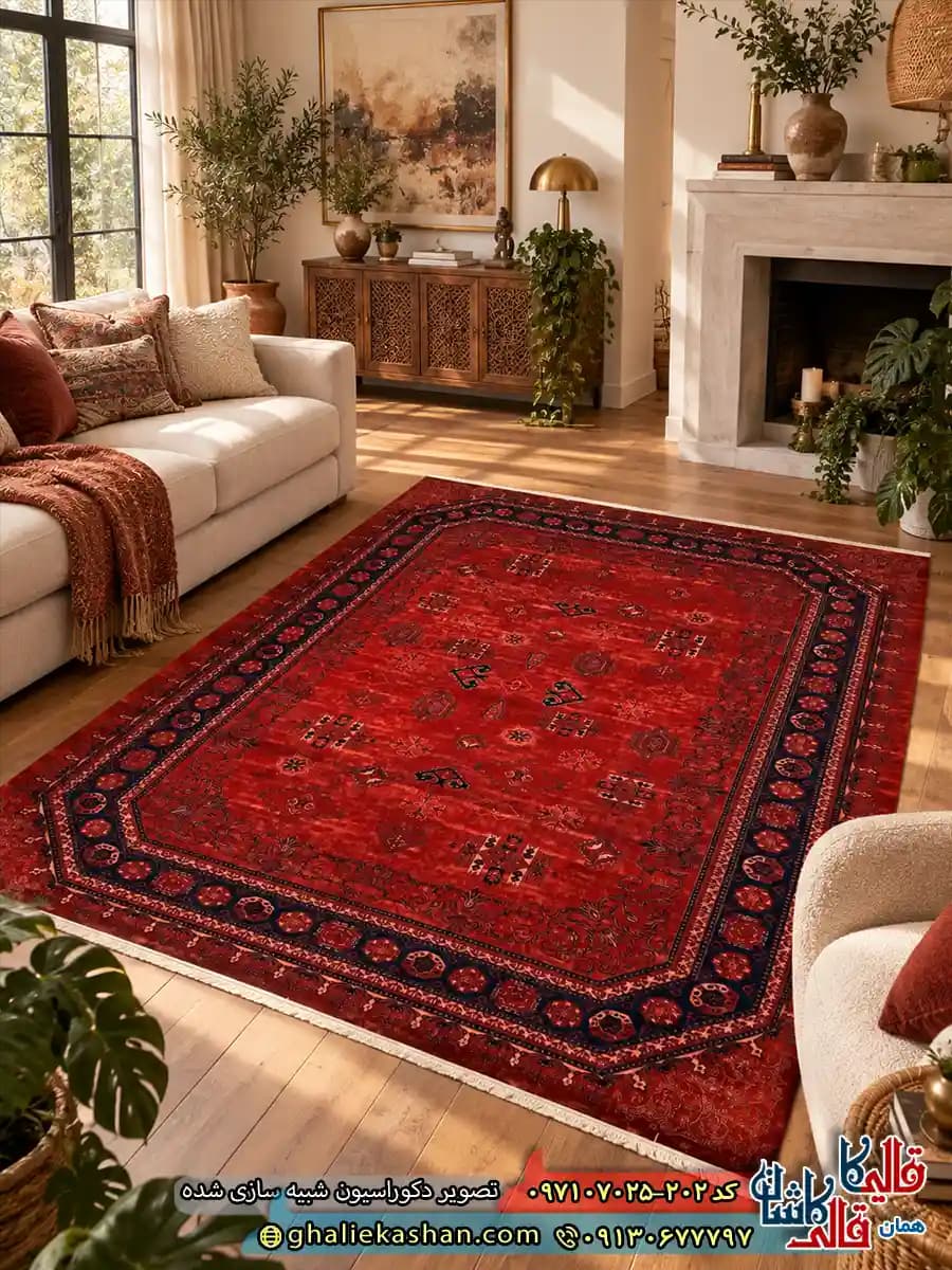 فرش وینتیج سنتی 700 شانه طرح رژا رنگ قرمز روناسی کاشان 