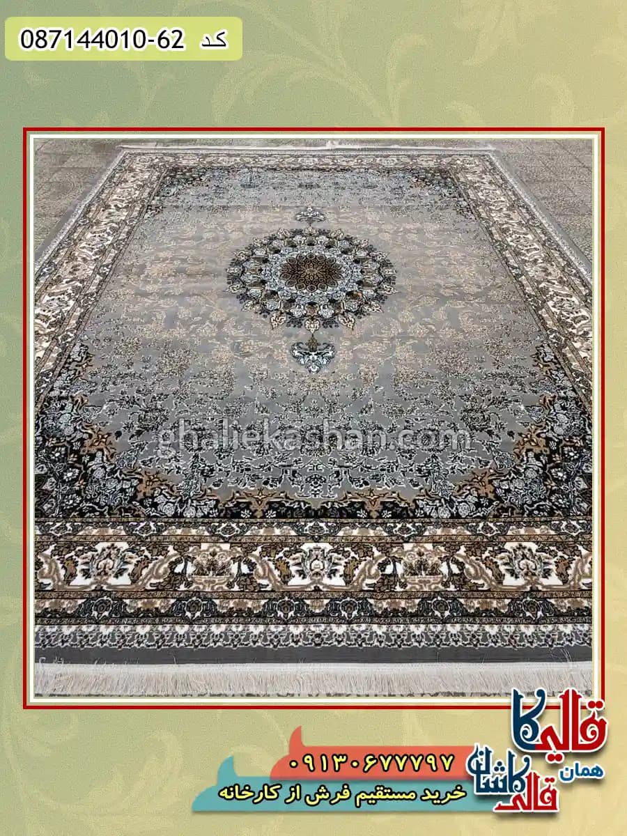 فرش ارزان طلاکوب طرح 700 شانه طرح شاهان رنگ فیلی کاشان — تصویر ۴