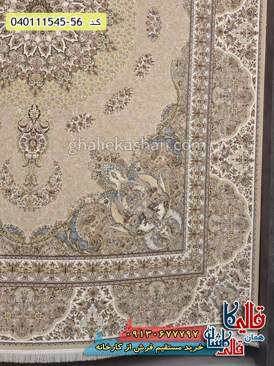 فرش 1500 شانه طرح ماهرو زمینه کرم صدفی گل برجسته کاشان — تصویر ۳