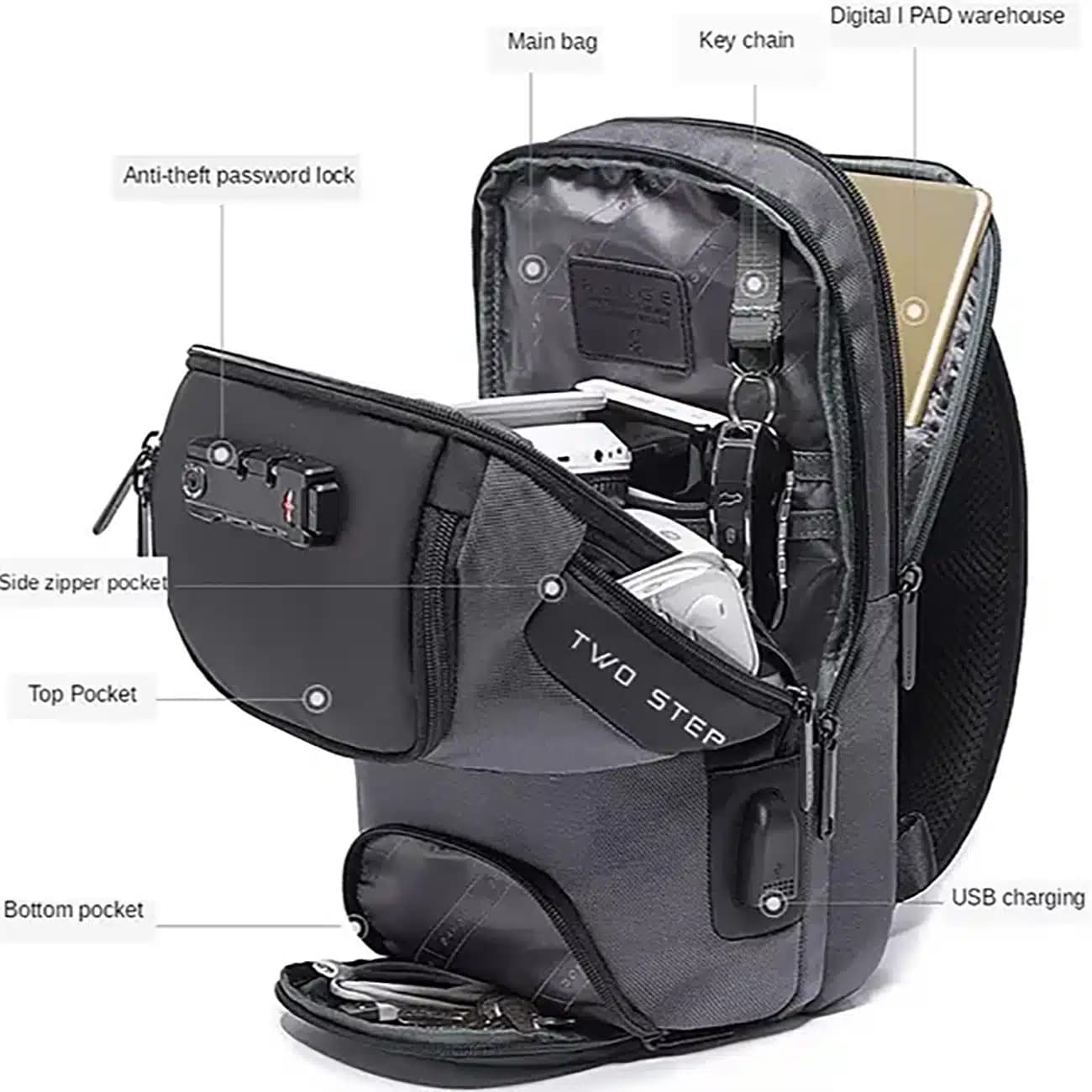 کیف کراس بادی بنج اصل BANGE BG-7082 رمز دار با پورت USB — تصویر ۸