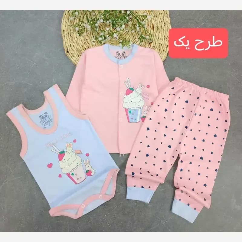 ست سه تکه نوزادی بادی و شلوار نخ پنبه ضد حساسیت — تصویر ۲