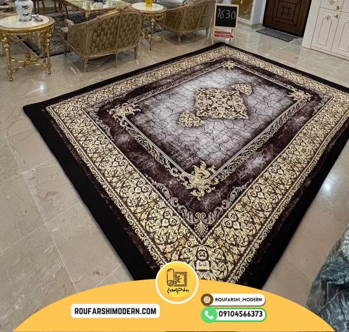 فرشینه / کاور فرش و روفرشی کشدار رنگ قهوه ای سیر و روشن ترکیب کرم طلایی کد 1630 (ویدیو) — تصویر ۵