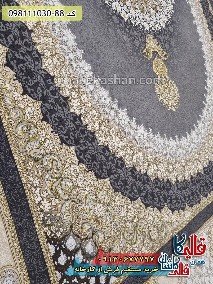 فرش طلاکوب 1200 شانه طرح صدرا زمینه طوسی گل برجسته کاشان — تصویر ۵