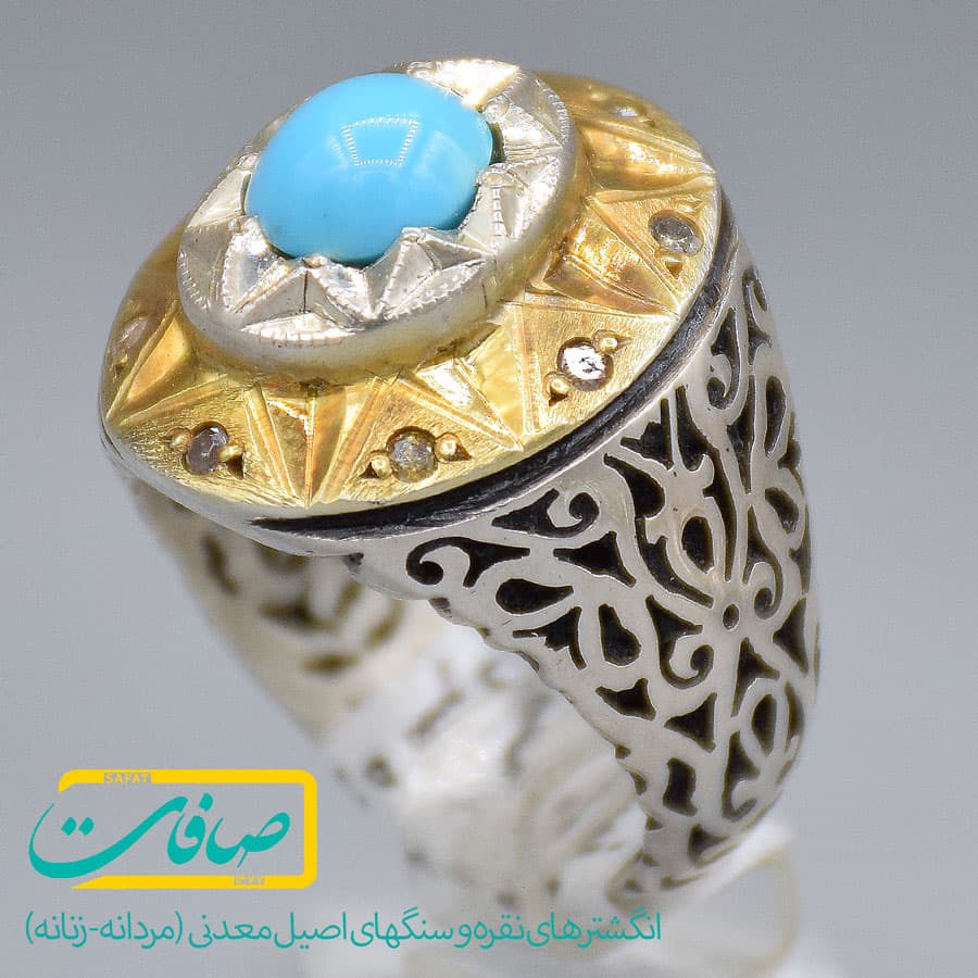انگشتر فیروزه نیشابور صاف و خوشرنگ با 8 عدد الماس مردانه «کد 3810»
