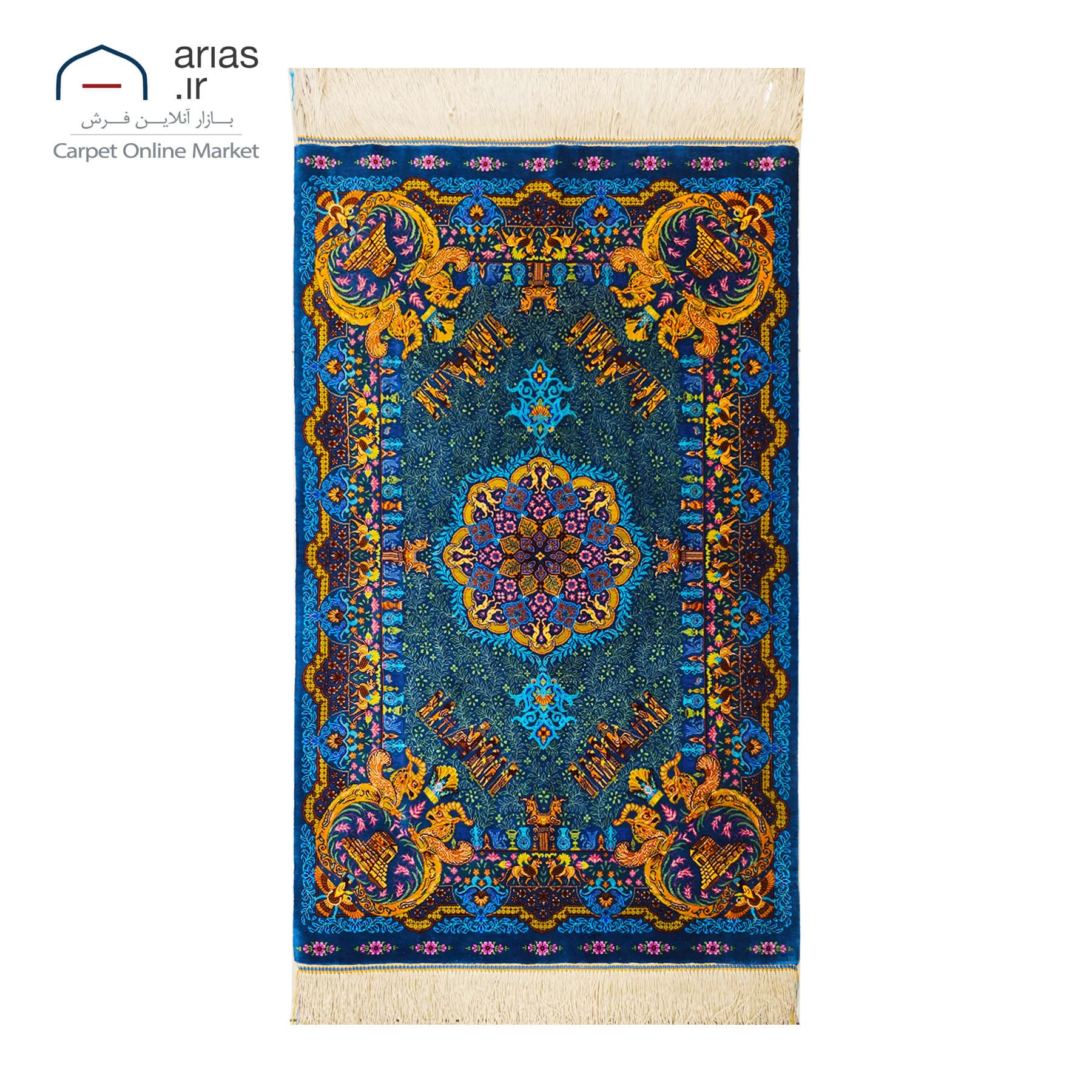 فرش دستباف 60 در 90 تمام ابریشم طرح لچک ترنج زمینه آبی بافت قم کد D03386G