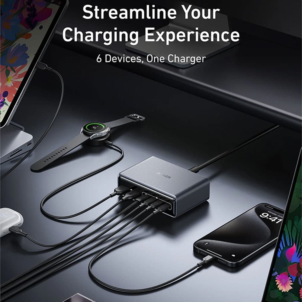 شارژر رو میزی 6 پورت انکر 200 وات مدل Supercharged Multi-Port Desktop Charging Station – A2683P41 — تصویر ۴