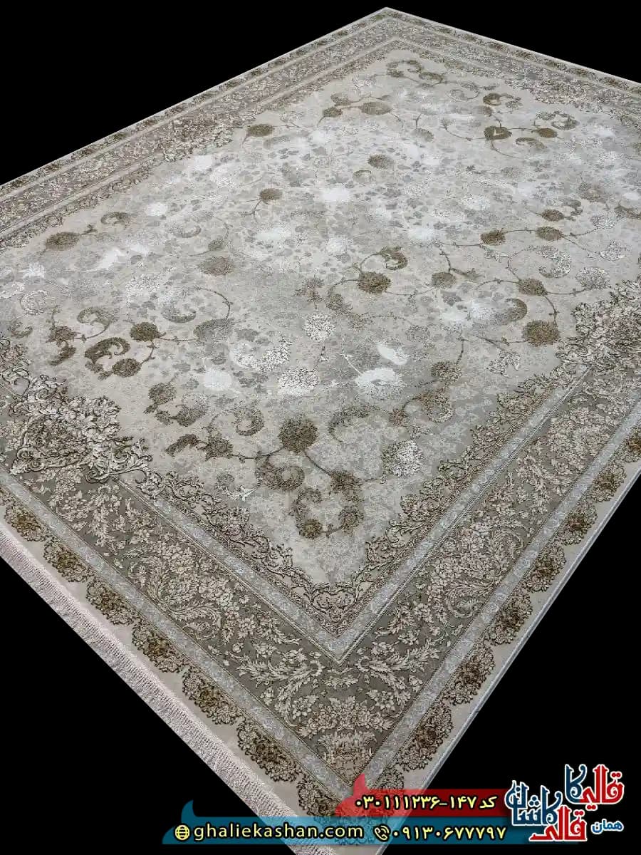 فرش وینتیج 1200 شانه طرح افشان ریما رنگ کرم صدفی گل برجسته کاشان — تصویر ۲