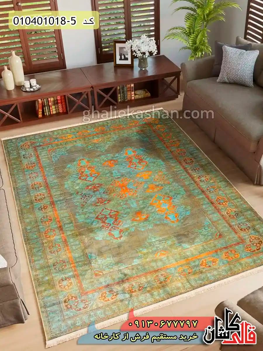 فرش وینتیج مدرن 1000 شانه طرح هگمتانه زمینه سبز زیتونی کاشان