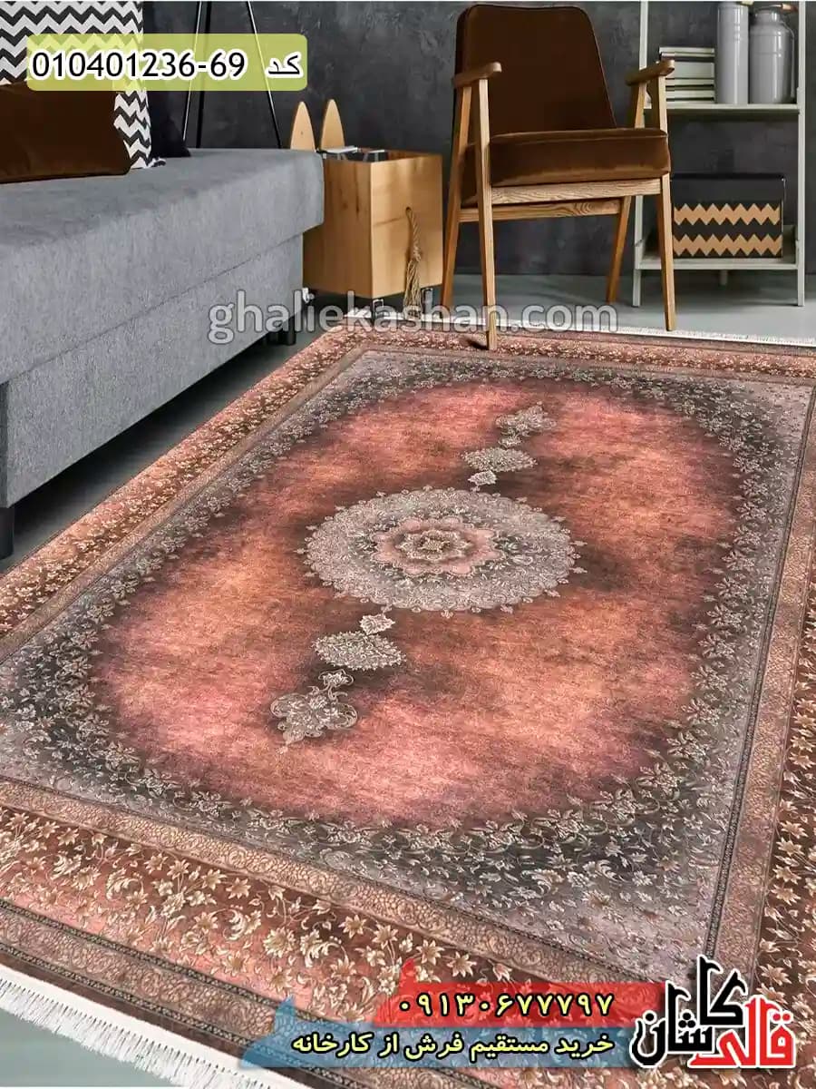 فرش طلاکوب 1200 شانه طرح عتیق خرم زمینه قهوه ای کاشان