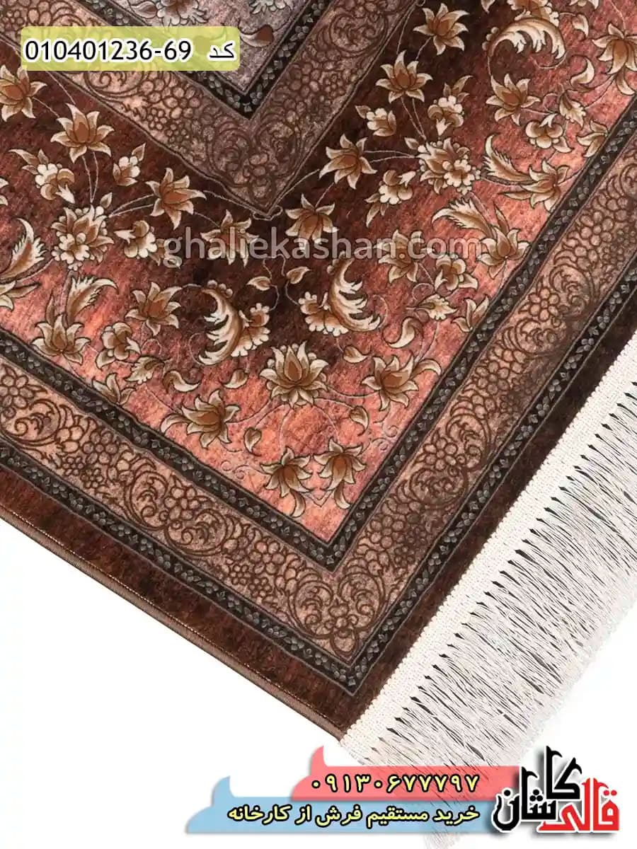 فرش طلاکوب 1200 شانه طرح عتیق خرم زمینه قهوه ای کاشان — تصویر ۶