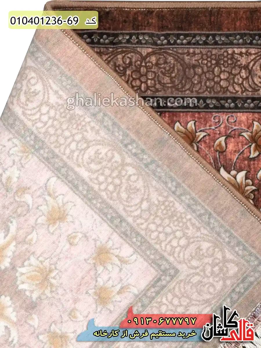 فرش طلاکوب 1200 شانه طرح عتیق خرم زمینه قهوه ای کاشان — تصویر ۷