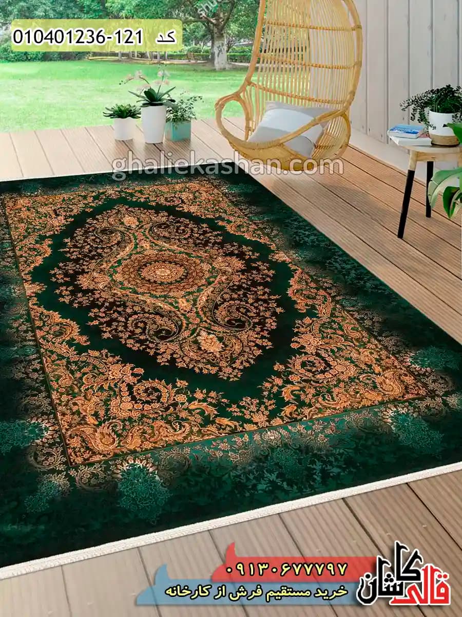 فرش طلاکوب 1200 شانه طرح اشکان دستان زمینه سبز تیره کاشان