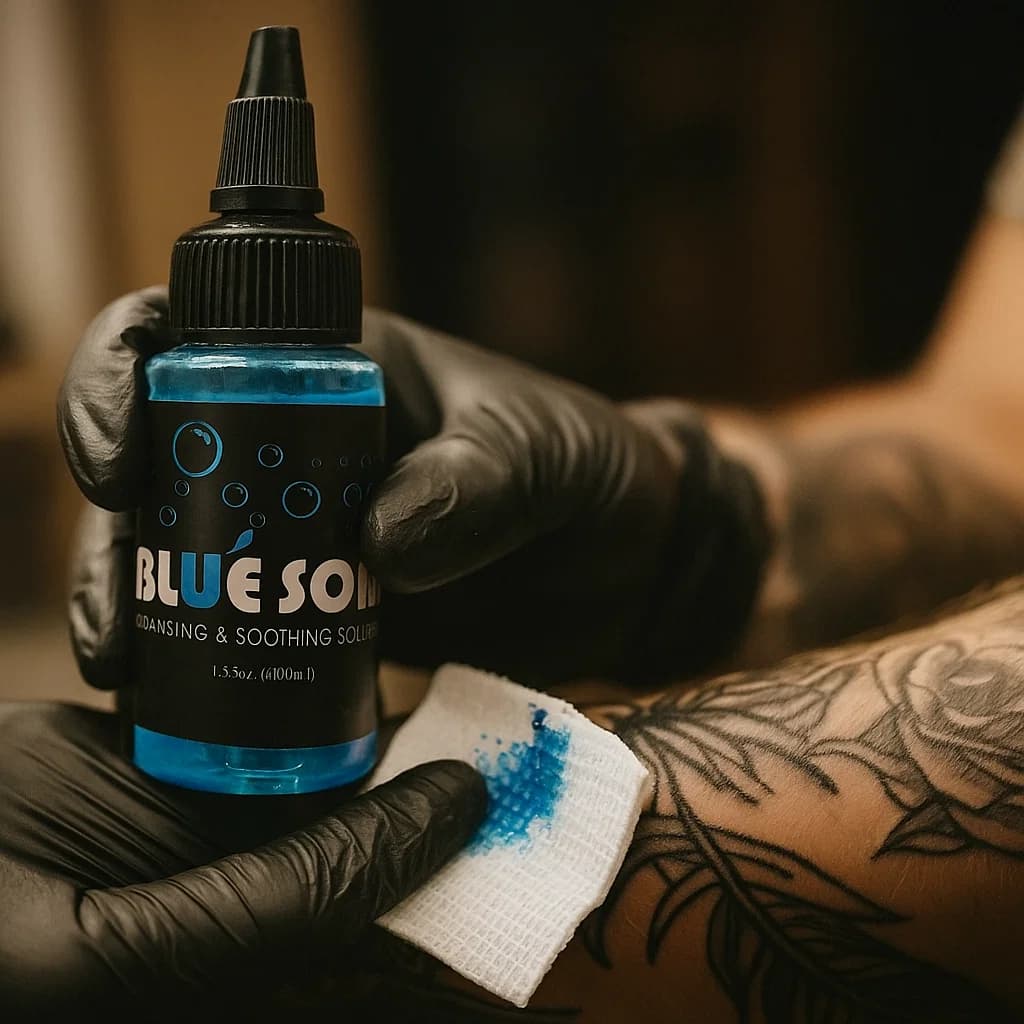 ضدعفونی و تمیزکاری حین تاتو فقط با بلوسوآپ 40 میل Blue Soap — تصویر ۳