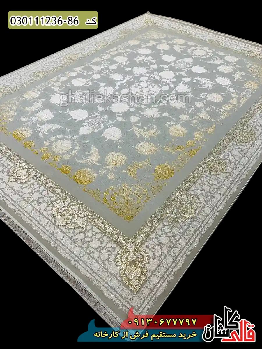 فرش طلاکوب وینتیج 1200 شانه طرح افشان مروارید زمینه طوسی نقره ای کاشان – گل برجسته — تصویر ۲