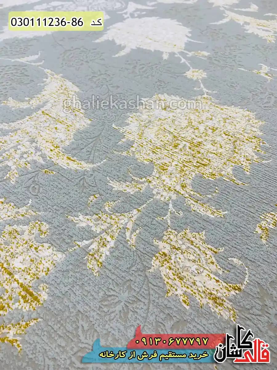 فرش طلاکوب وینتیج 1200 شانه طرح افشان مروارید زمینه طوسی نقره ای کاشان – گل برجسته — تصویر ۳