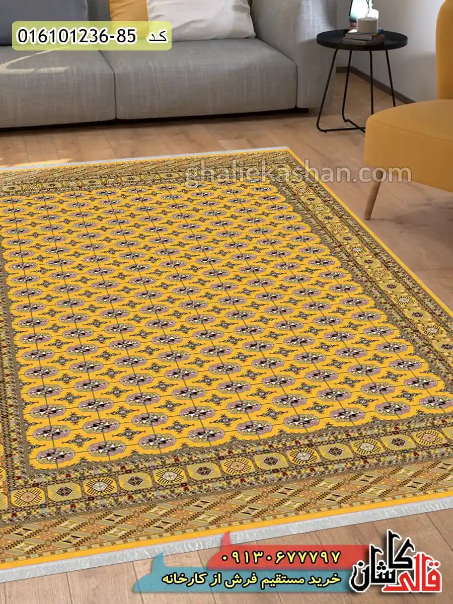 فرش 1200 شانه طرح ترکمن زمینه زرد طلایی کاشان
