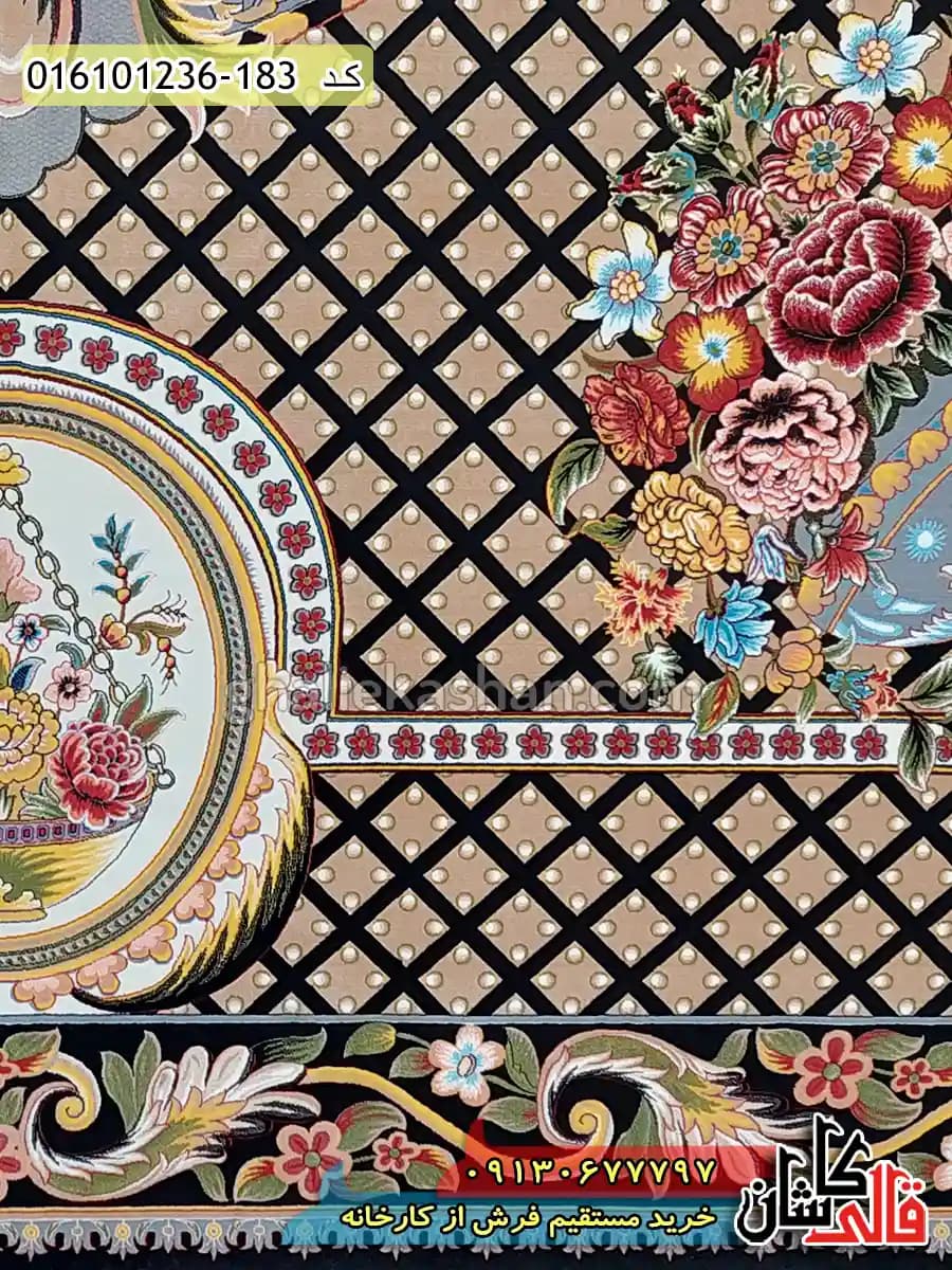 فرش فرانسوی 1200 شانه طرح گلایول زمینه سرمه ای کاشان — تصویر ۳