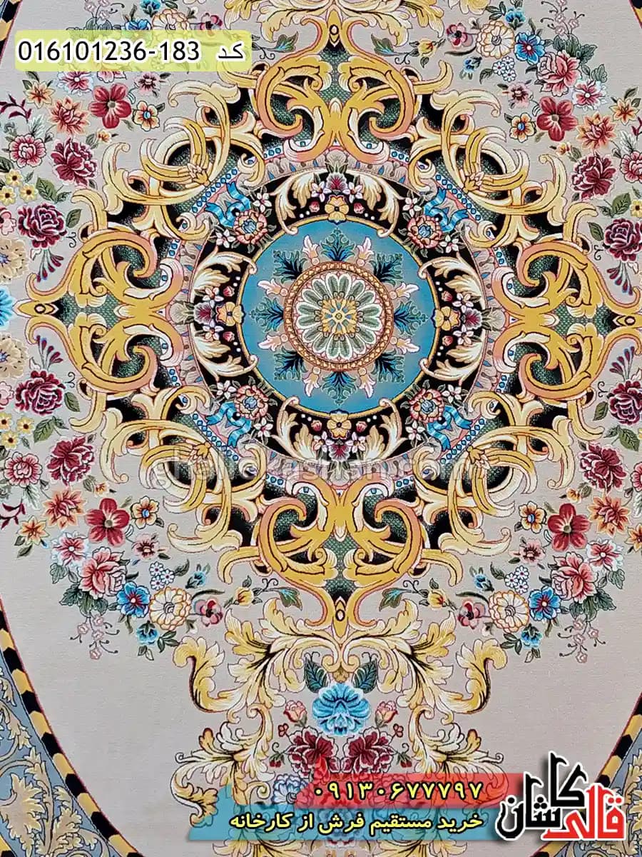 فرش فرانسوی 1200 شانه طرح گلایول زمینه سرمه ای کاشان — تصویر ۲