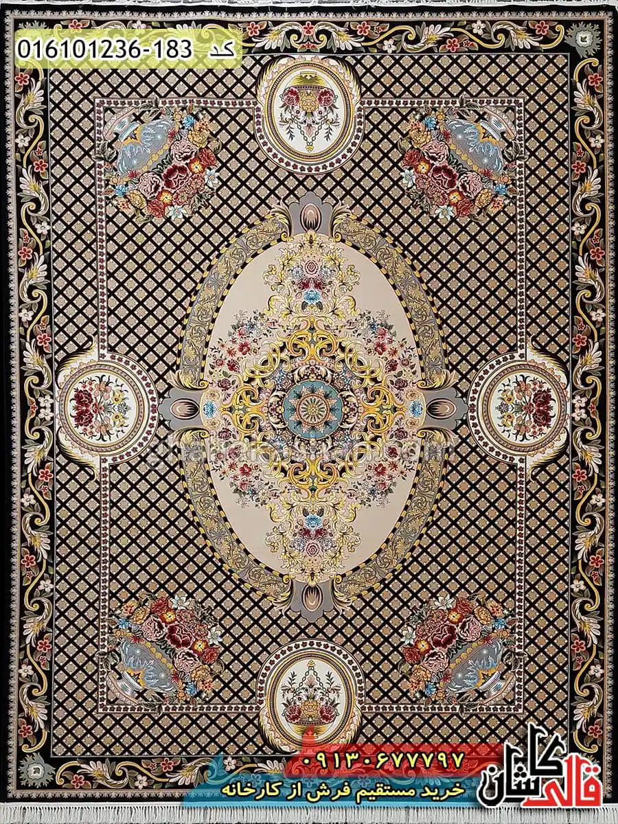 فرش فرانسوی 1200 شانه طرح گلایول زمینه سرمه ای کاشان — تصویر ۵