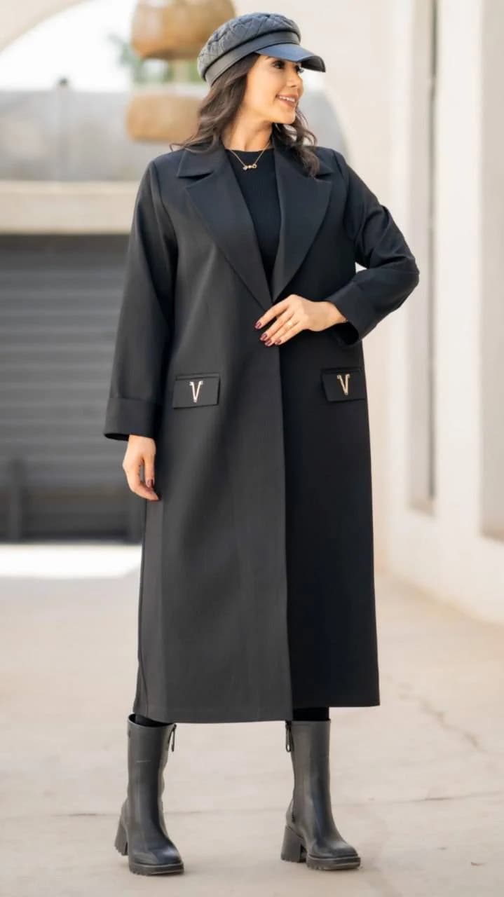 مانتو بلند بزایاق یقه E جیب V زنانه کد 129