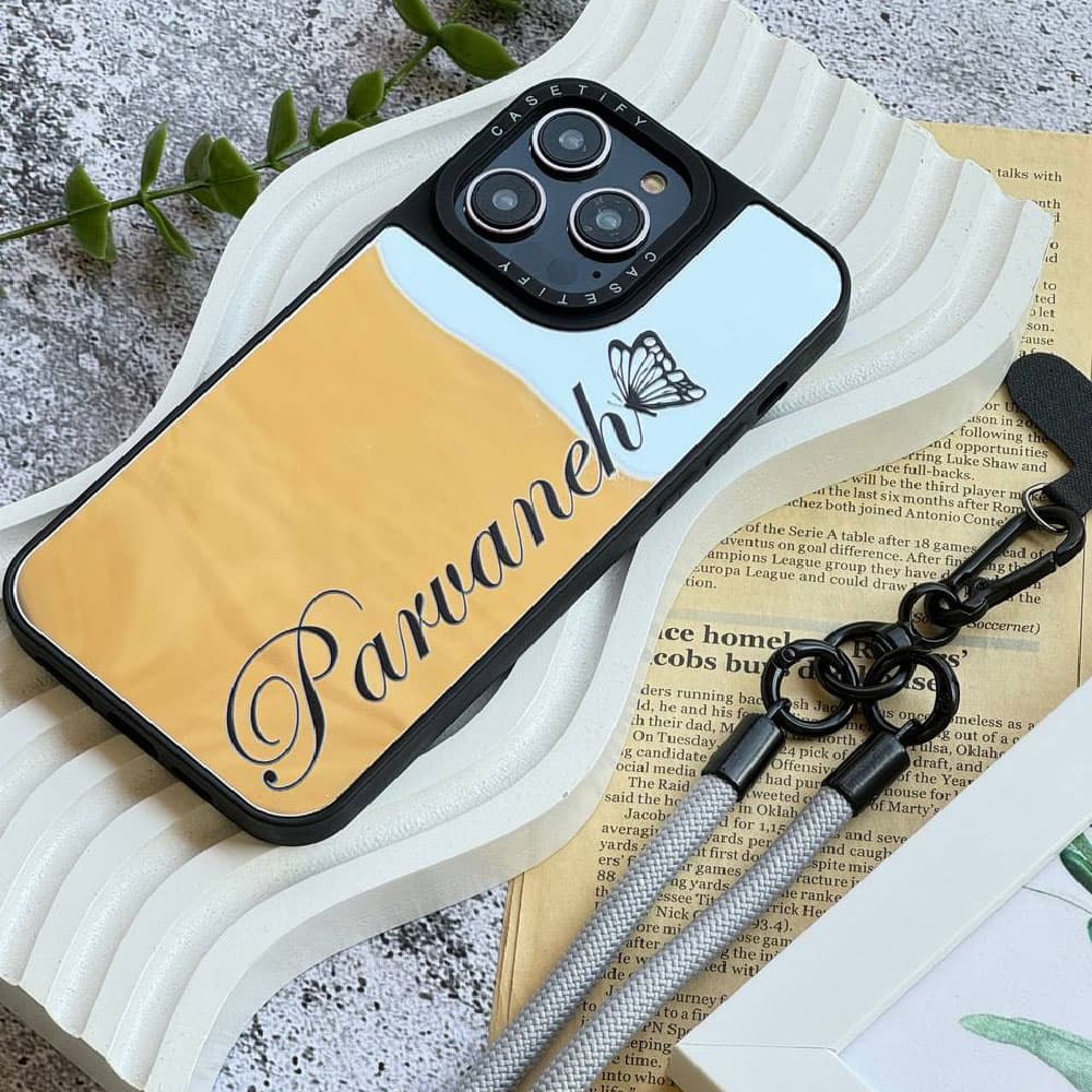 قاب آینه ای چاپی سفارشی (کد 0209) مدل فونت پروانه به اسم دلخواه مناسب برای گوشی موبایل اپل آیفون Apple iPhone 7 / 8 / SE 2020 / 7 Plus / 8 Plus / X / XS / XR / XS Max / 11 / 11 Pro / 11 Pro Max / 12 / — تصویر ۲