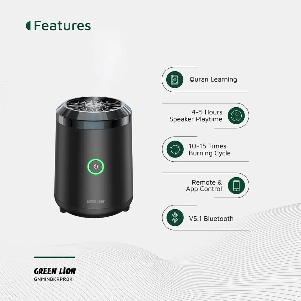 دستگاه مینی بخور عود و اسپند با پخش قرآن گرین لاین Green Lion Mini Bakhour Pro With Quran Speaker GNMINBKRPRBK — تصویر ۲