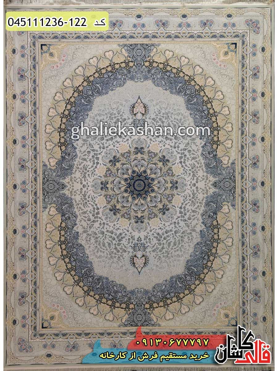 فرش طلاکوب 1200 شانه طرح نایین زمینه صدفی کاشان – گل برجسته