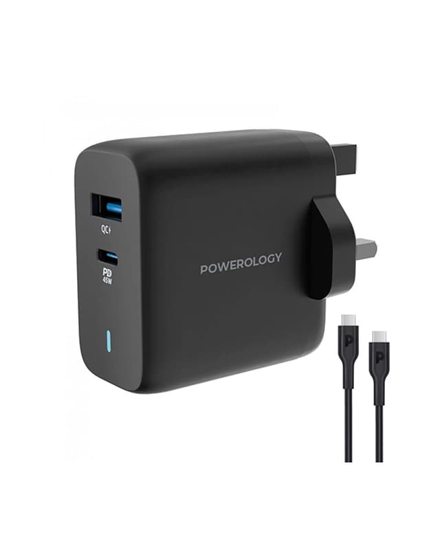 شارژر دیواری 63 وات پاورولوژی Powerology 63W Ultra-Quick GaN Charger with USB-C Cable