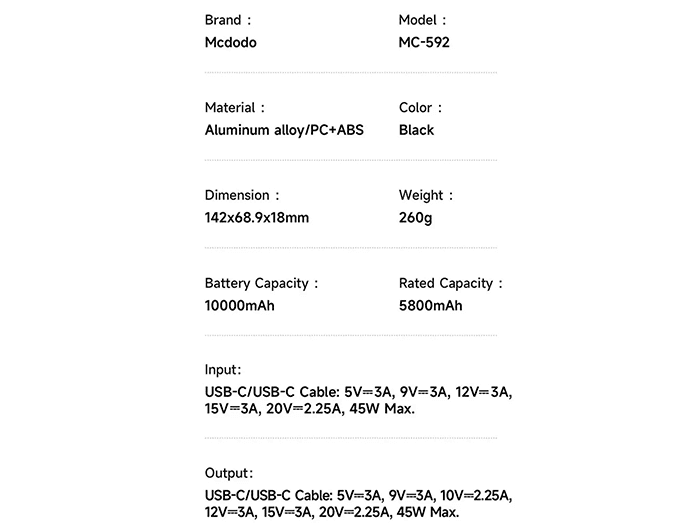 پاوربانک مک دودو 10000 میلی اهم امپر 45 وات MCDODO 10000mAh Power Bank Model MC-5920 with Type-C Cable 45W — تصویر ۷