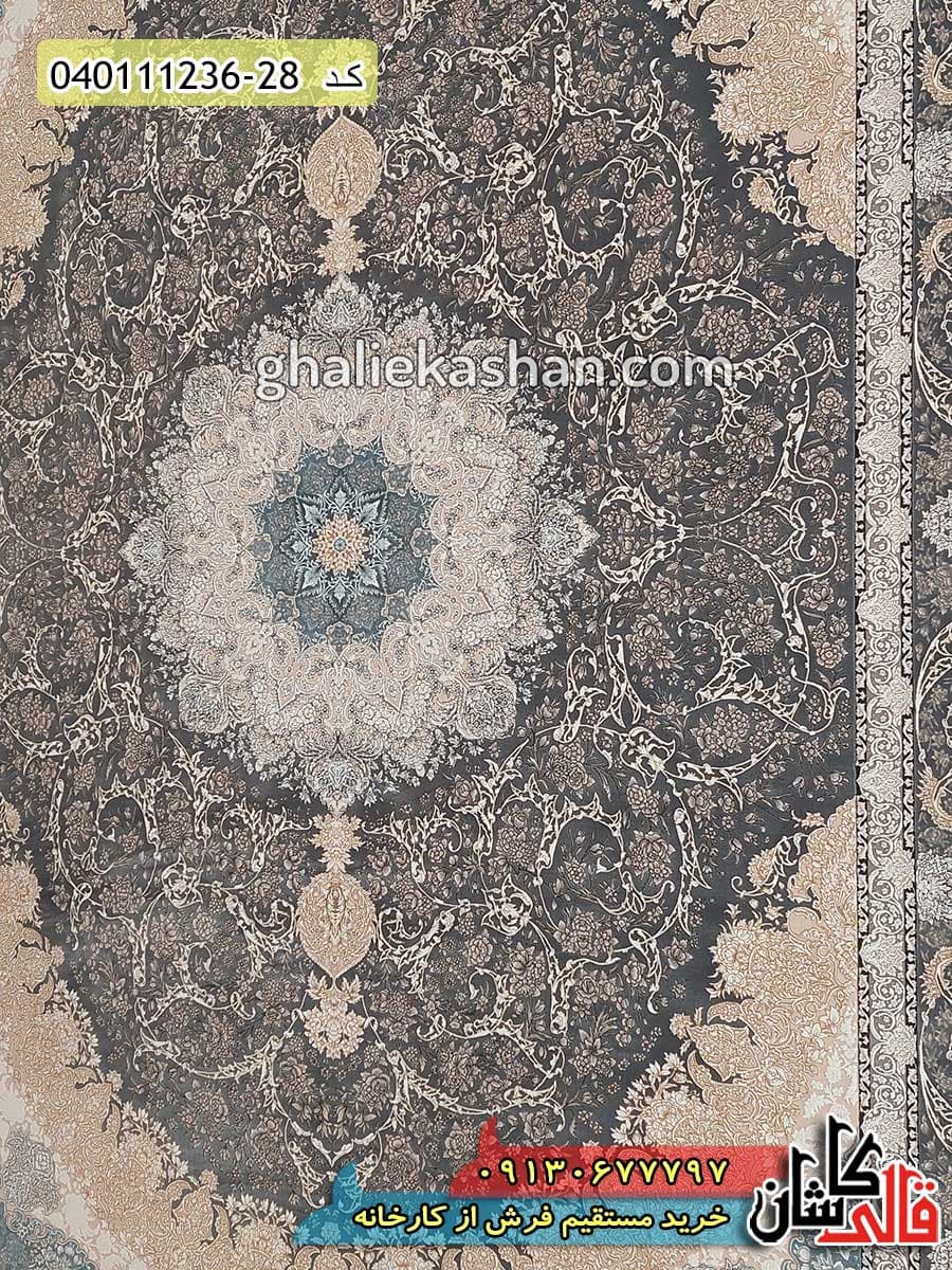 فرش طلاکوب 1200 شانه طرح آریانا زمینه زغالی کاشان – گل برجسته — تصویر ۴