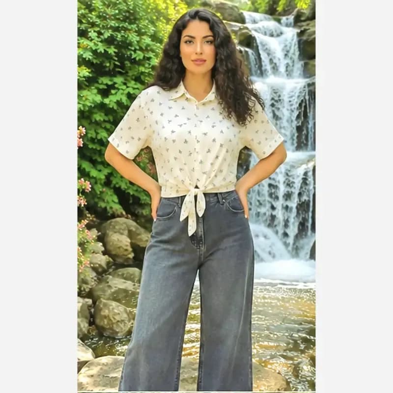 شومیز گره ای چاپی پاپیونی جنس پری صابونی شیشه ای فری سایز — تصویر ۴