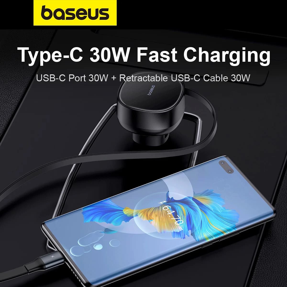 شارژر فندکی 60 وات بیسوس مدل Retractable به همراه کابل USB-C — تصویر ۳