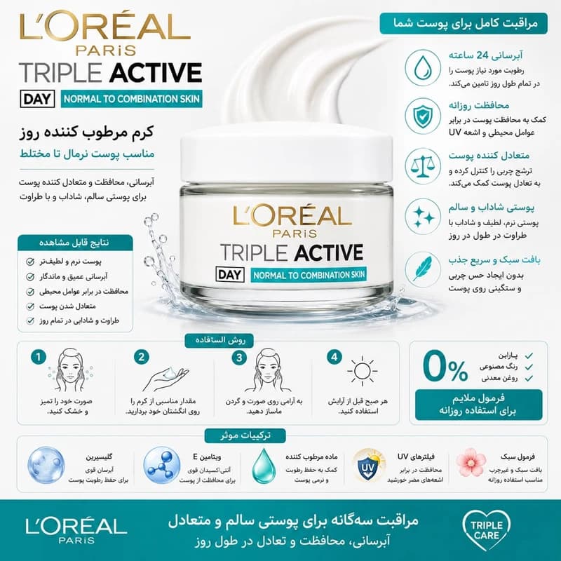 کرمروز پوستمختلط تریپلاکتیو لورآل حجم 50 میل — تصویر ۵