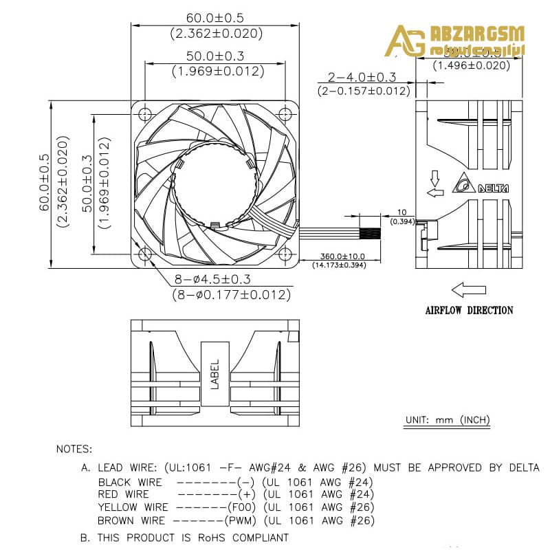 جت فن 12V-3.3A سایز 6X6X3.8cm مدل PFR0612XHE قاب دار مارک DELTA — تصویر ۴
