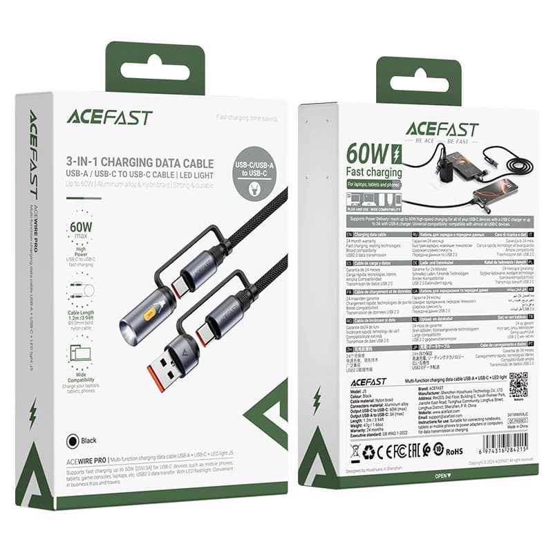 کابل Type-C به Type-C چندکاره ایس فست ACEFAST J5 Acewire Pro طول 1.2 متر توان 60 وات — تصویر ۴