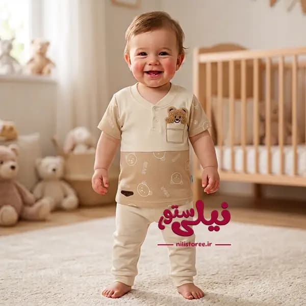 بلوز آستین کوتاه نوزاد طرح خرس کرم برند مون بیبی Moon baby