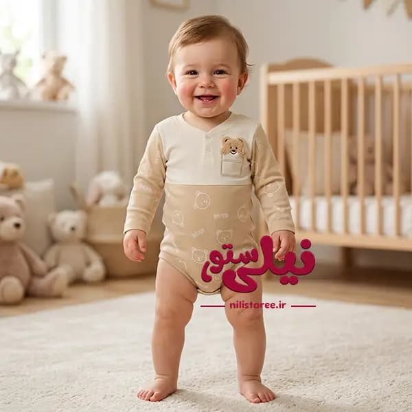 زیردکمه آستین بلند نوزاد طرح خرس کرم برند مون بیبی Moon baby