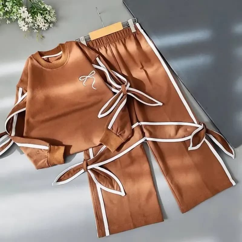 ست لباس دخترانه پاپیونی پنبه دورس لاکرا دار قهوه ای مناسب 5 تا 9 سال پاییزه و زمستانه — تصویر ۲