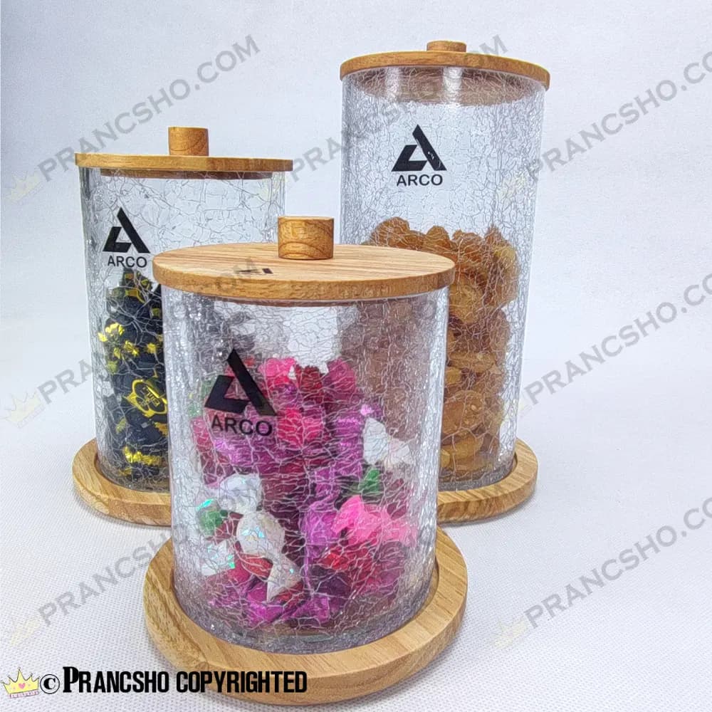 کندی و پاسماوری سه سایز شیشه ای استوانه ای با در و استند چوبی — تصویر ۴