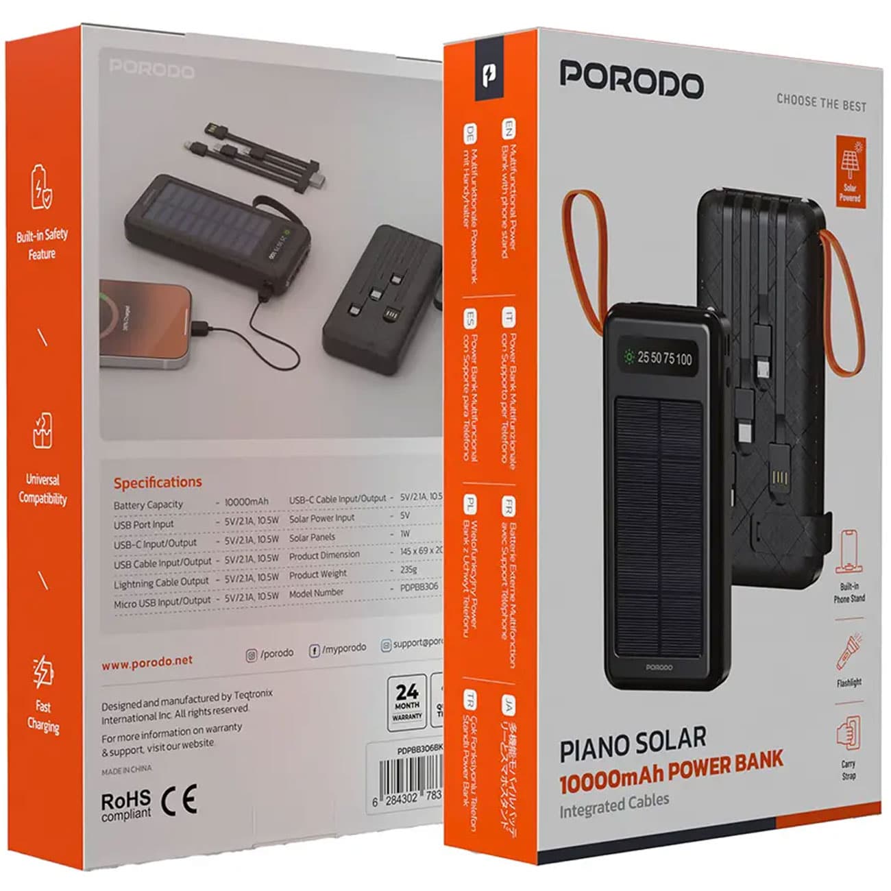 پاوربانک خورشیدی پورودو Porodo مدل PDPBB306BK ظرفیت 10000 میلی آمپر ساعت — تصویر ۳