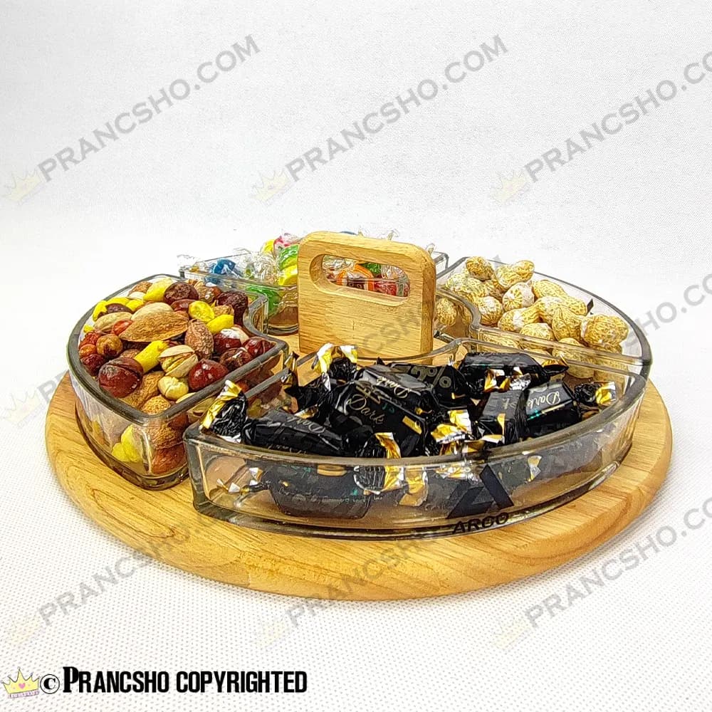 اردور و مزه خوری چهار خانه شیشه ای با استند دسته دار چوبی اوکیا — تصویر ۳