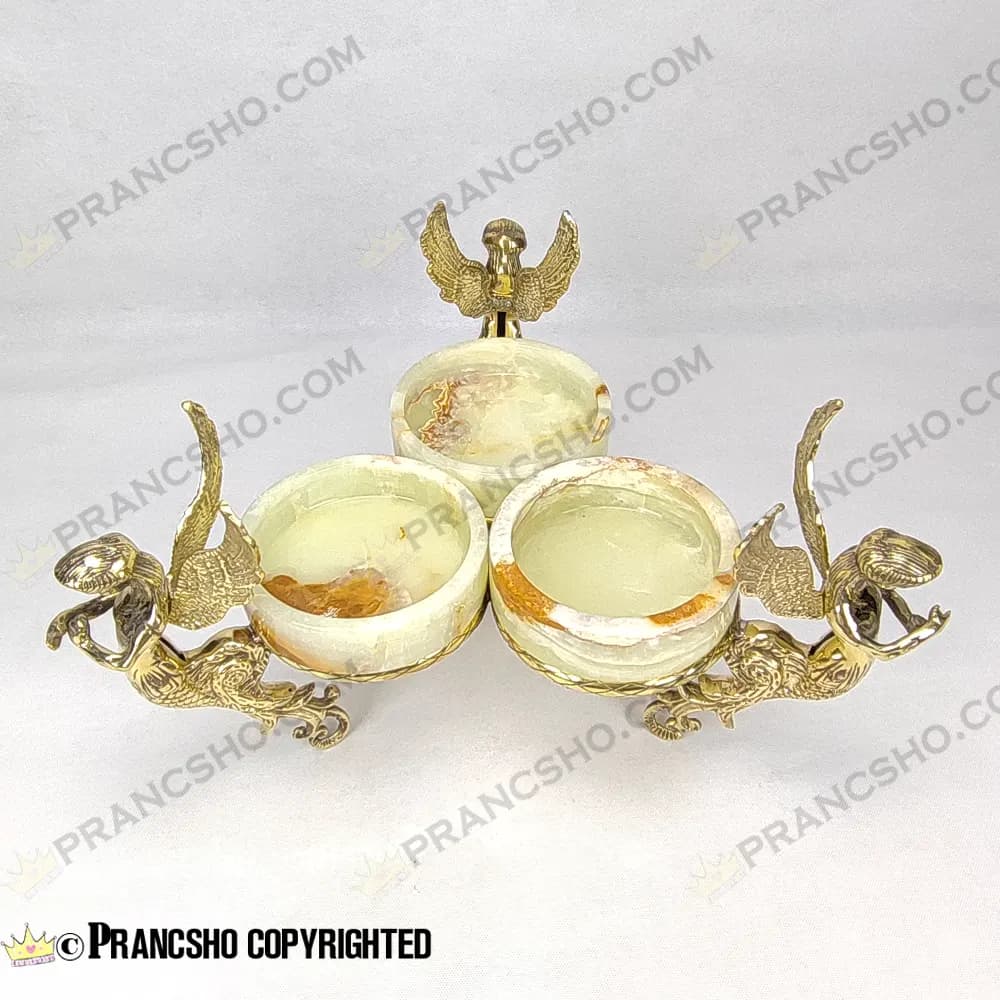 اردور خوری سه خانه سنگ مرمر نباتی قهوهای با پایه برنجی طرح آنجل — تصویر ۳